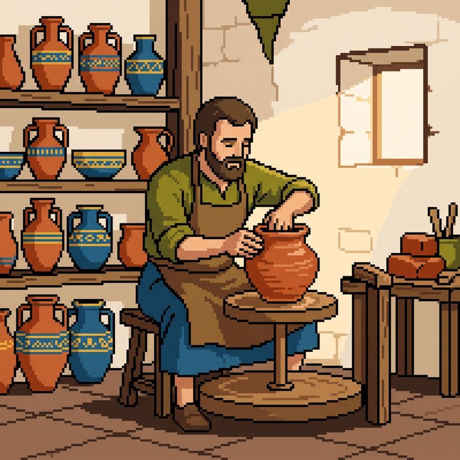 Ilustración pixel art de un alfarero trabajando el barro en Lebrija