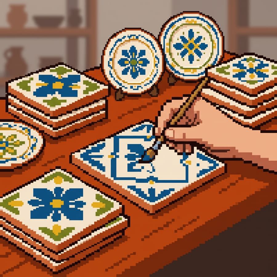 Ilustración pixel art de azulejos y cerámica pintada a mano