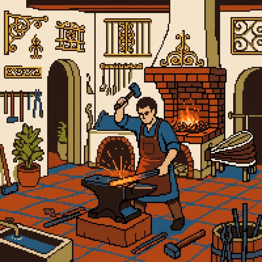 Ilustración pixel art de un herrero forjando hierro en la fragua