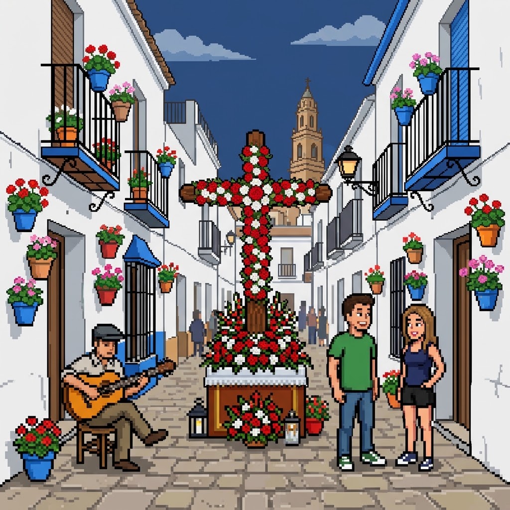 Ilustración pixel art de una cruz de mayo lebrijana