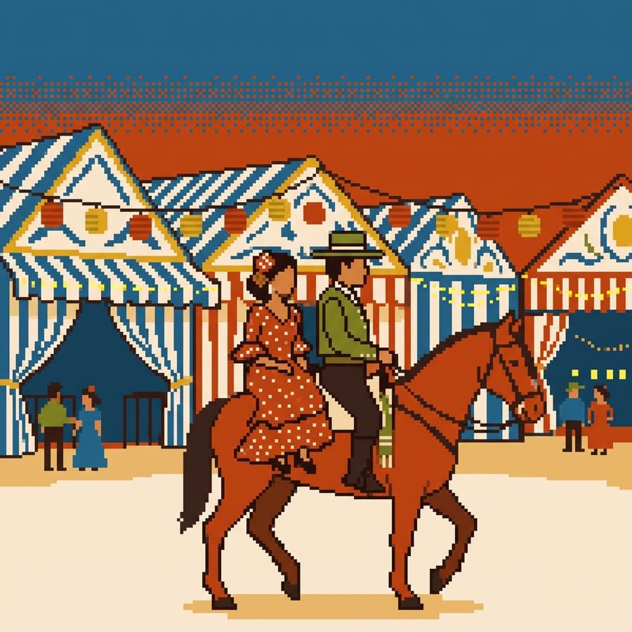 Ilustración pixel art de una feria tradicional andaluza