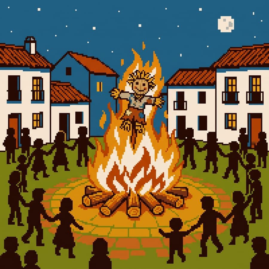 Ilustración pixel art de una hoguera de la noche de San Juan