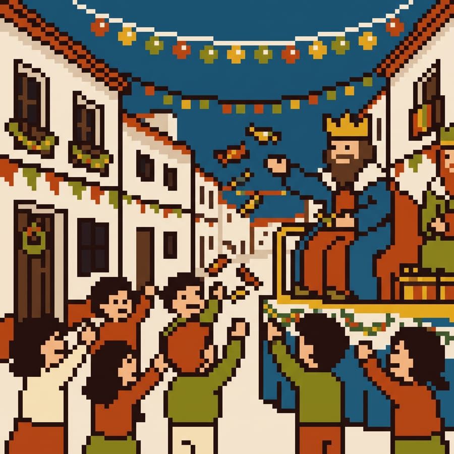 Ilustración pixel art de la cabalgata de Reyes