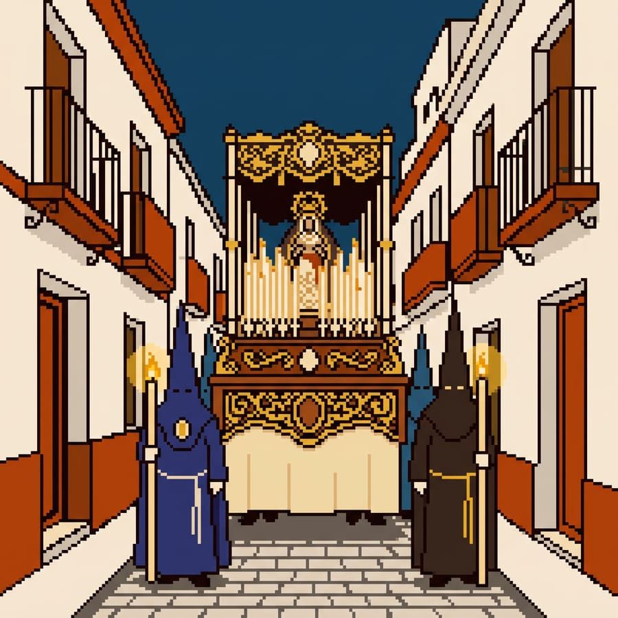 Ilustración pixel art de un paso de Semana Santa