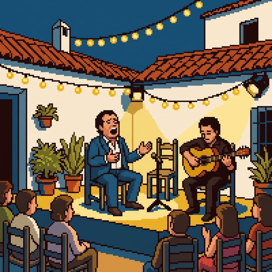 Ilustración pixel art de un cantaor y un guitarrista en la Caracolá Lebrijana