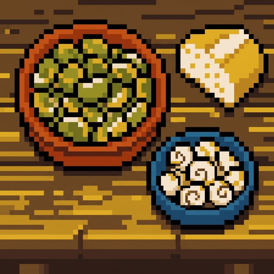 Ilustración pixel art de habas corchas y caracoles