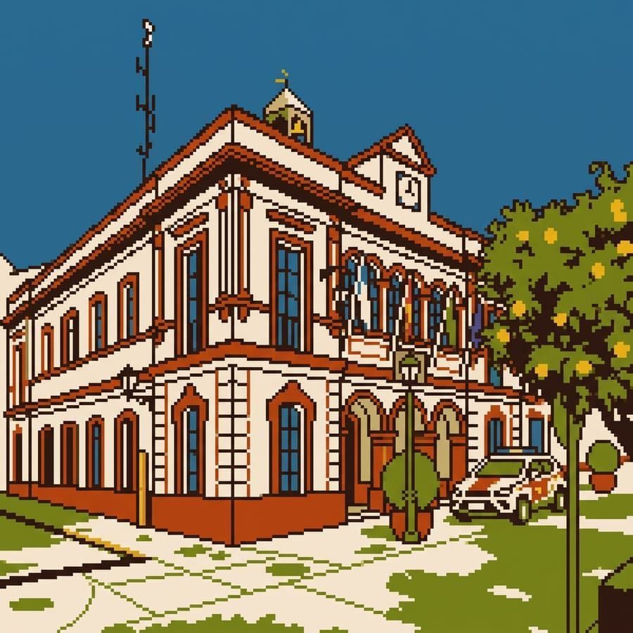 Ilustración pixel art del Ayuntamiento de Lebrija