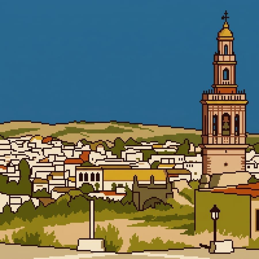 Ilustración pixel art del casco histórico de Lebrija