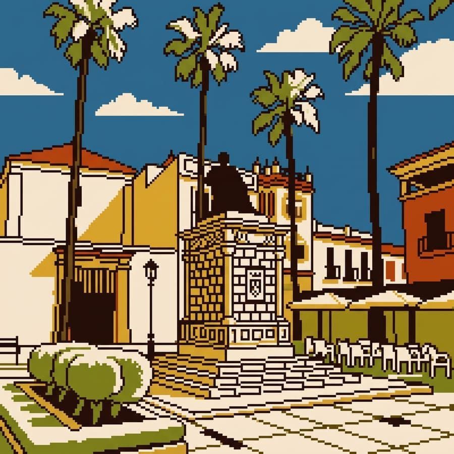 Ilustración pixel art de la estatua de Elio Antonio de Nebrija en Lebrija